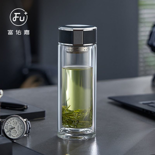 富光双层玻璃杯纯钛银离子抑菌男士高档泡茶杯子车载水杯商务办公
