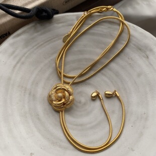 复古金色玫瑰花可抽拉锁骨链颈链延长可调设计高级轻奢感精致项链