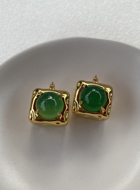 绿色玛瑙小方块耳扣～复古高级感耳环小众优雅气质精致个性耳饰女