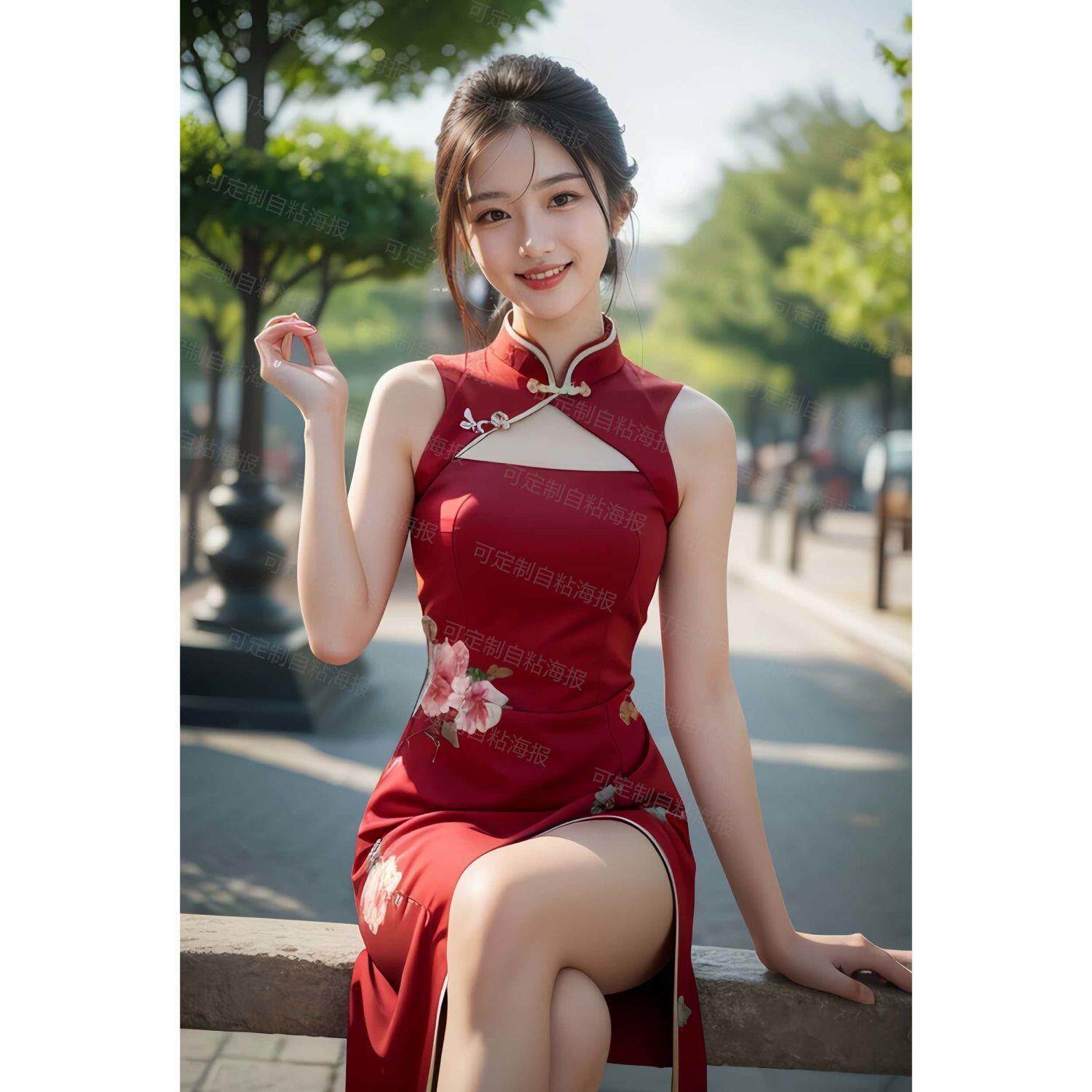 新款红色旗袍美女自粘贴