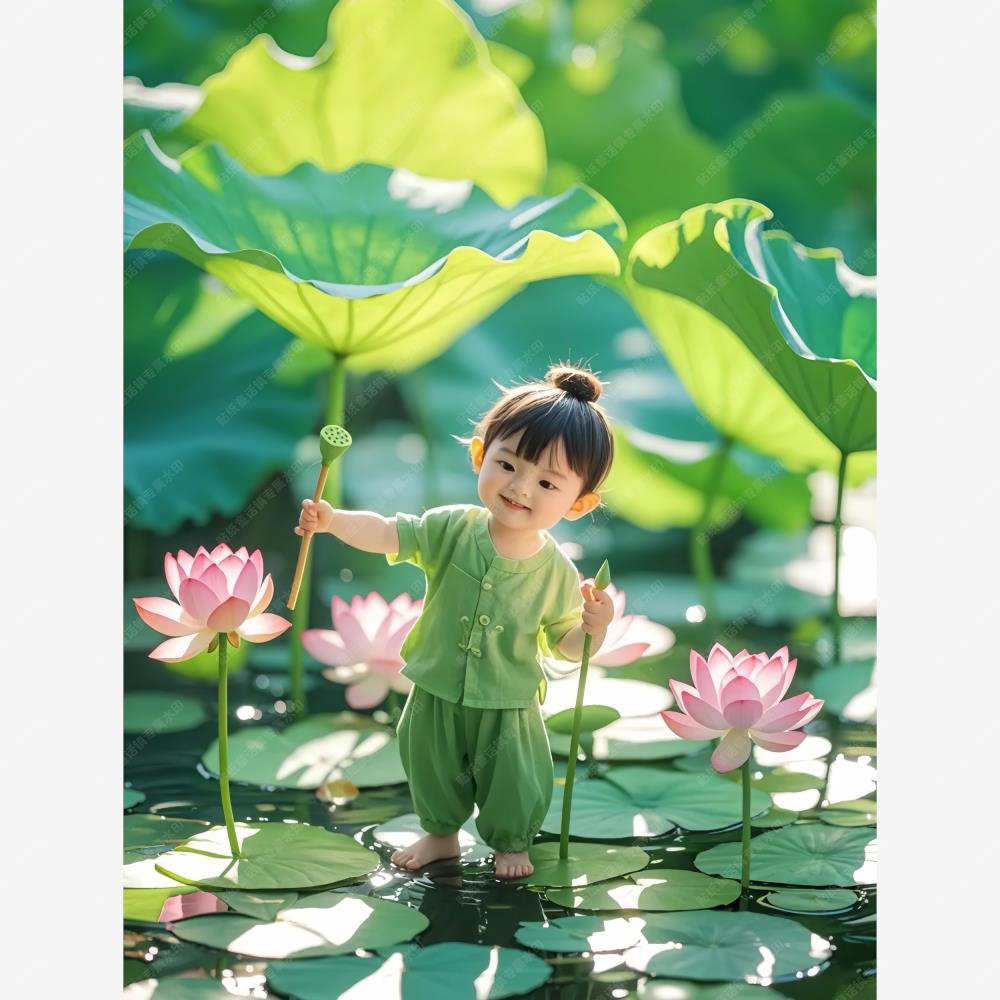 莲叶童子可爱图案贴纸墙
