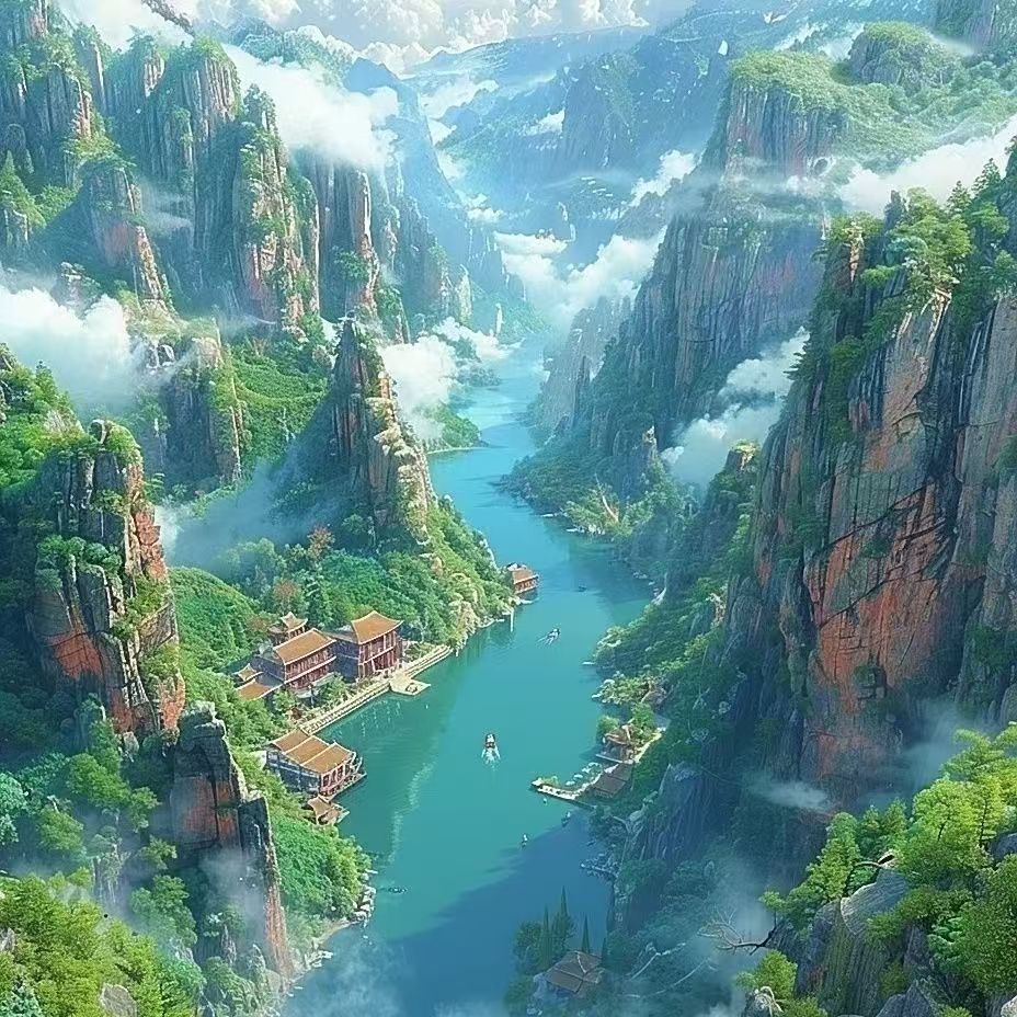 山水风景画自粘贴纸优美
