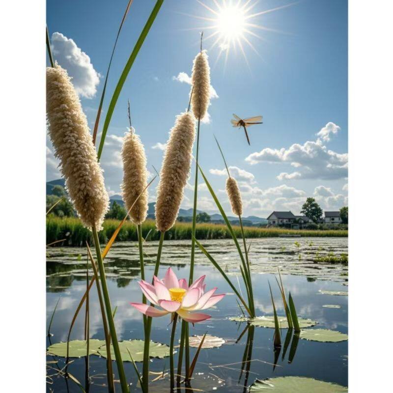 唯美荷花芦苇风景画贴纸