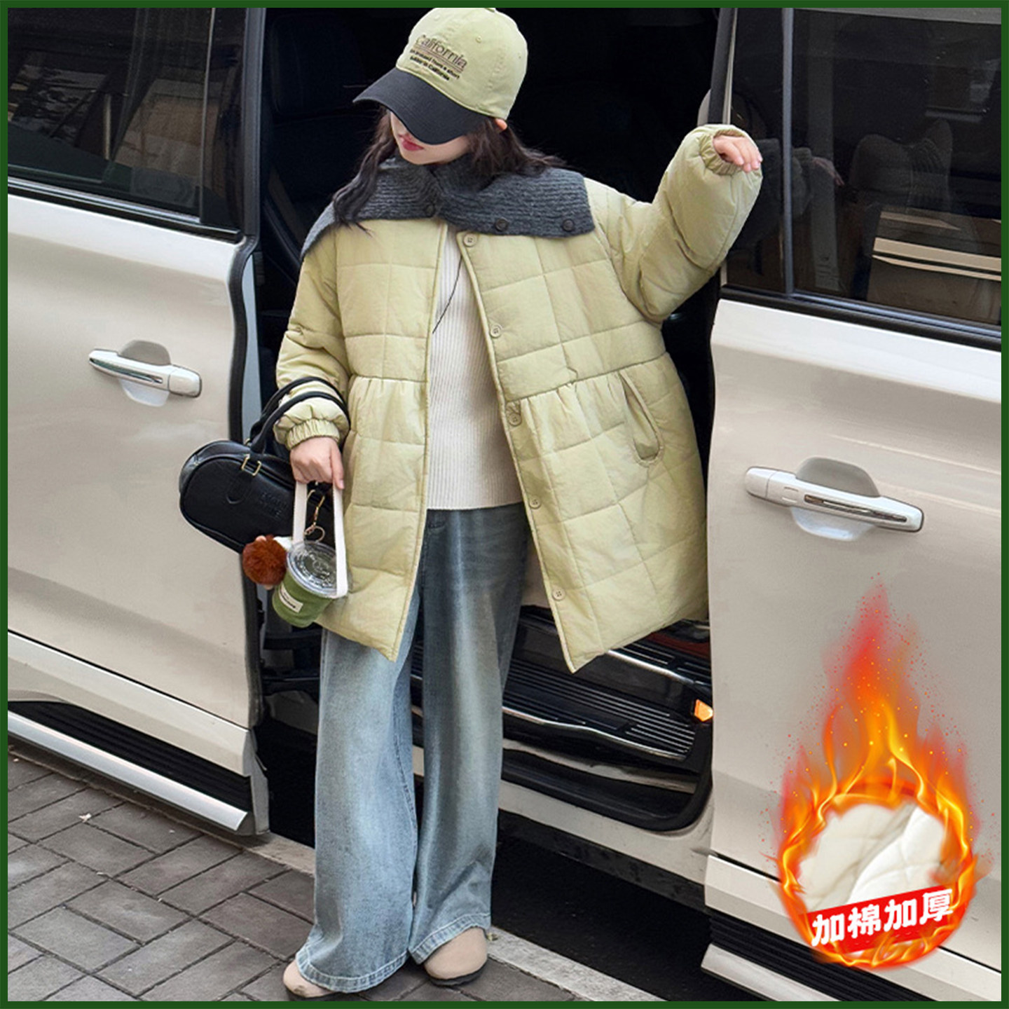 女童2025冬季棉服新款甜美女孩韩版大童绗线中长款加厚外套送毛线