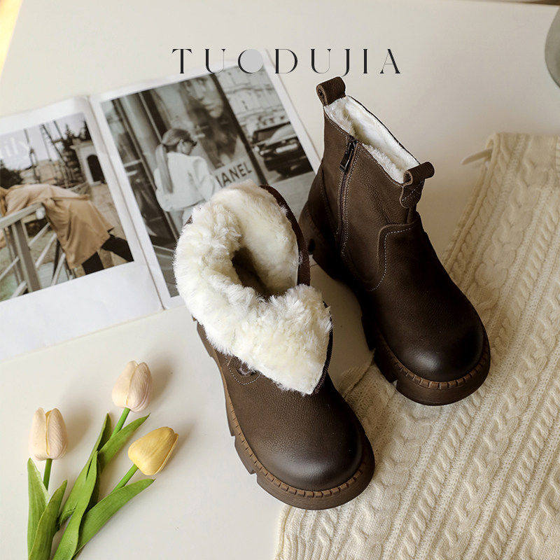 脱毒家 羊毛厚底女短靴真皮侧拉链舒适中跟女鞋牛皮加厚保暖棉靴