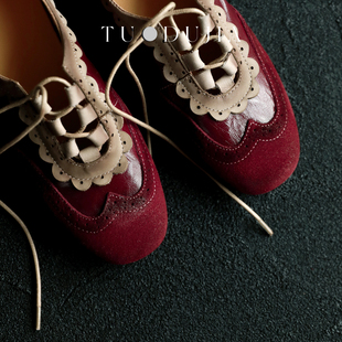 脱毒家 古典主义丨布洛克雕花牛皮单鞋浅口复古真皮玛丽珍平底鞋