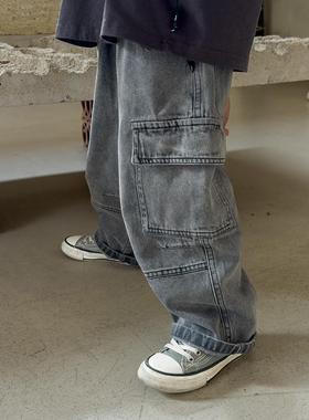 米修叻韩范痞帅男童裤子 儿童炸街帅气灰色牛仔裤工装裤2025春装