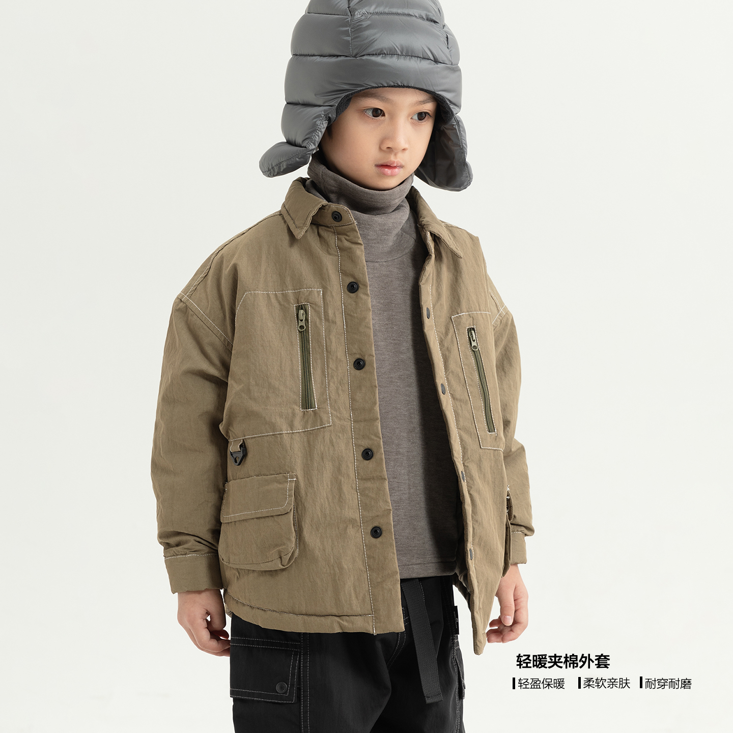 米修叻男童冬季绗棉衬衫外套轻薄保暖工装风夹棉衬衣秋冬潮流外穿