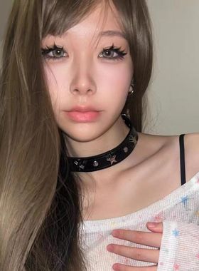 vintage复古棕色星星choker项圈朋克辣妹风锁骨链高级感皮质颈链