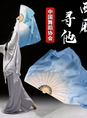 西厢寻他舞蹈扇子真丝灰蓝色古典舞中国舞跳舞扇加长广场舞长绸扇