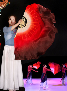 红色万疆舞蹈扇子真丝加长古典舞胶州秧歌跳舞扇抬龙王九儿长绸扇