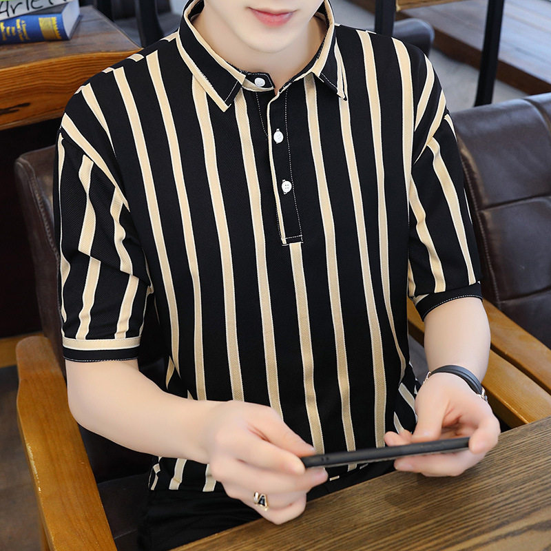 2024 NEW SUMMER VERTICAL STRIPES CONTRAST POLO SHIRT MENS SHORT SLEEVE T-SHIRT SHIRT COLLAR BUSINESS PLANKTON BASE SHIRT