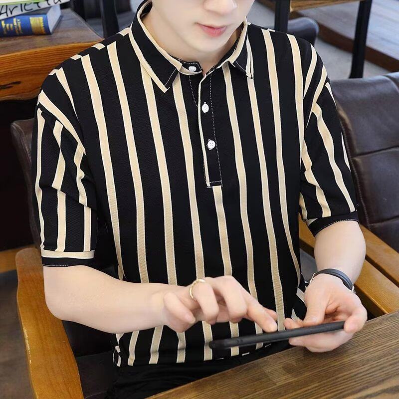 2024 NEW SUMMER VERTICAL STRIPES CONTRAST POLO SHIRT MENS SHORT SLEEVE T-SHIRT SHIRT COLLAR BUSINESS PLANKTON BASE SHIRT