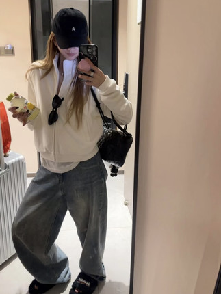 380g高克重水洗有机棉  cream White 奶油白立领拉链开衫卫衣上衣