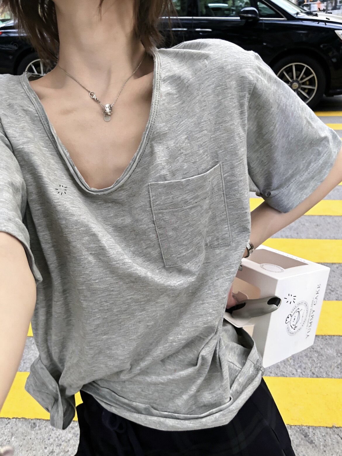 竹节棉 松弛毛边领！宽边短袖！胸前口袋v领短袖T恤女宽松显瘦tee