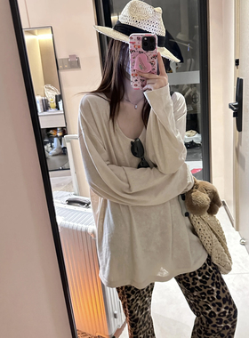 慵懒松弛感干爽轻薄亚麻纯色大版宽松v领长袖T恤上衣女 夏日系列