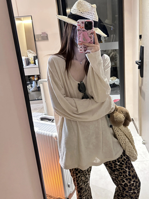 慵懒松弛感干爽轻薄亚麻纯色大版宽松v领长袖T恤上衣女 夏日系列