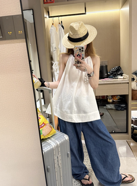 前后两穿！夏日天丝亚麻白色宽松无袖挂脖V领背心上衣女 立体抽绳