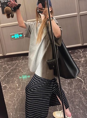 65%莱赛尔天丝 条纹半裙/撞色松紧腰后开叉休闲直筒中长款半身裙