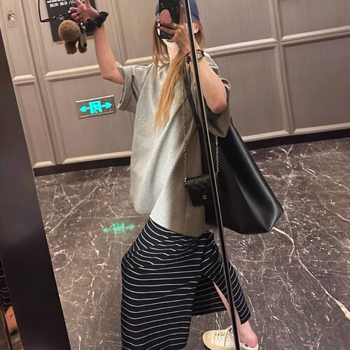 65%莱赛尔天丝 条纹半裙/撞色松紧腰后开叉休闲直筒中长款半身裙
