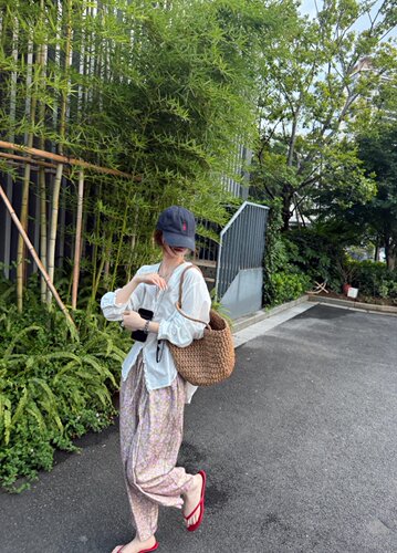 法式复古碎花裤 宽松松紧腰休闲九分裤 有垂感抗皱