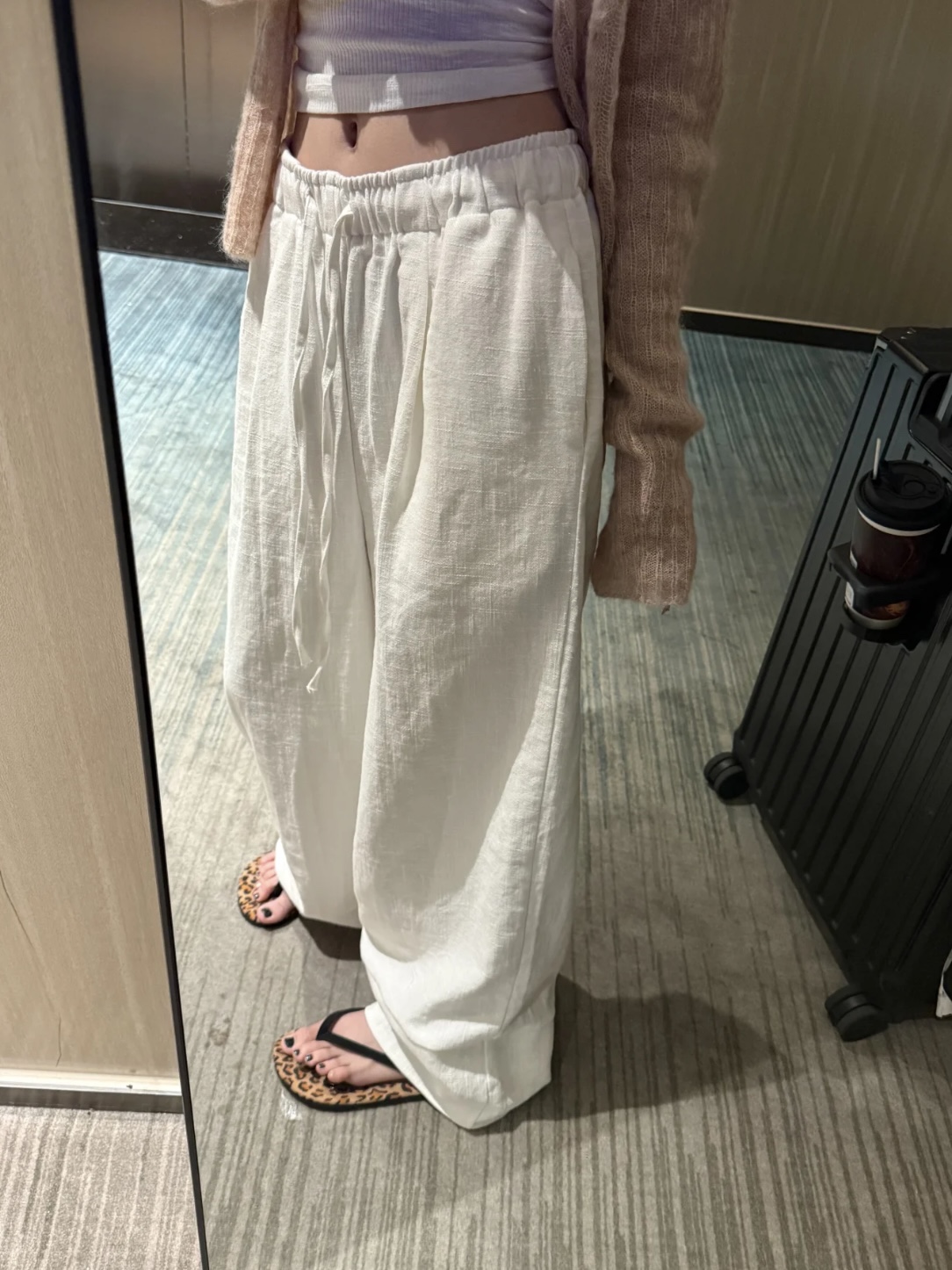 不会透的白色苎麻裤 松弛感宽松休闲阔腿裤双层裤脚亚麻裤麻棉裤