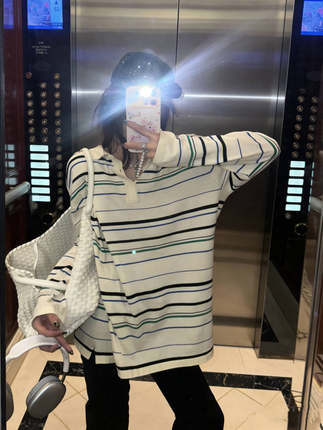 100%精纺棉 清爽蓝绿黑条纹！polo领薄款全棉针织衫！春夏罩衫