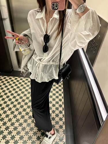 小韩同款“济州抽身衬衫”75%棉25%锦纶 白色长袖翻领衬衣上衣女