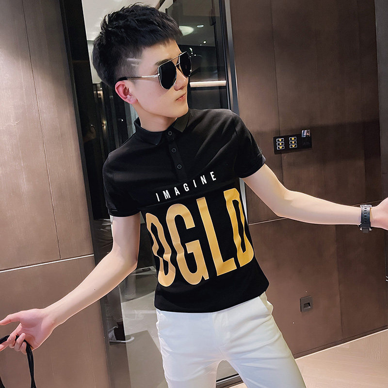 2021新款社会小伙修身印花短袖polo衫A343-PL52-P45控65黑,男装Polo衫,电商A343