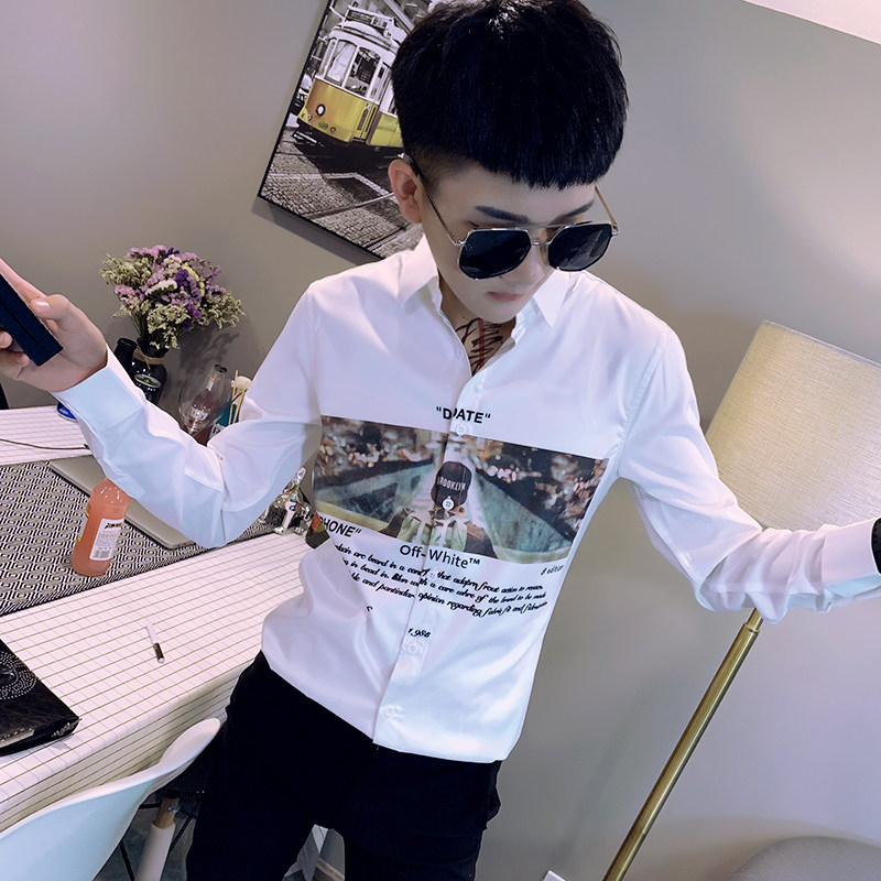 社会精神小伙修身印花长袖衬衫男衬衣 白 A343-CS99-P65图片