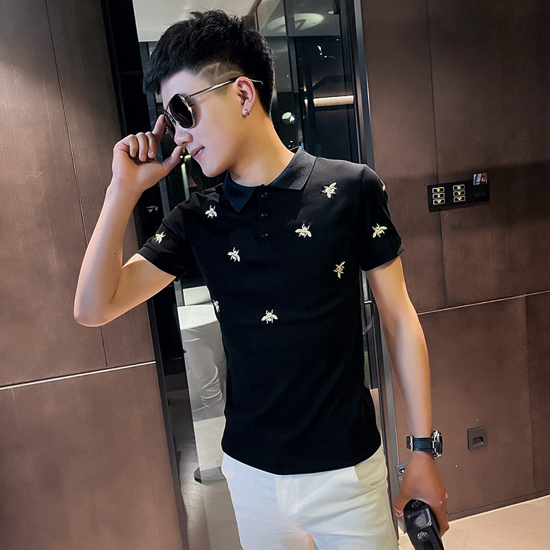 2021新款社会小伙修身印花短袖polo衫A343-PL55-P45控65黑1,男装Polo衫,电商A343