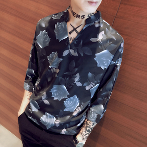 社会小伙印花套头V领五分袖衬衫花衬衣 A343-CS16-P58图片
