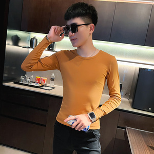 T 秋季社会小伙纯色修身打底衫长袖T恤男潮流 驼图片