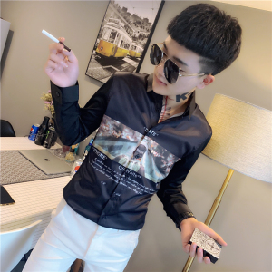 社会小伙修身印花长袖衬衫男衬衣 黑 A343-CS99-P65图片