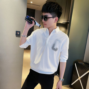 CS161 社会小伙印花套头七分袖衬衫衬衣男潮  白图片