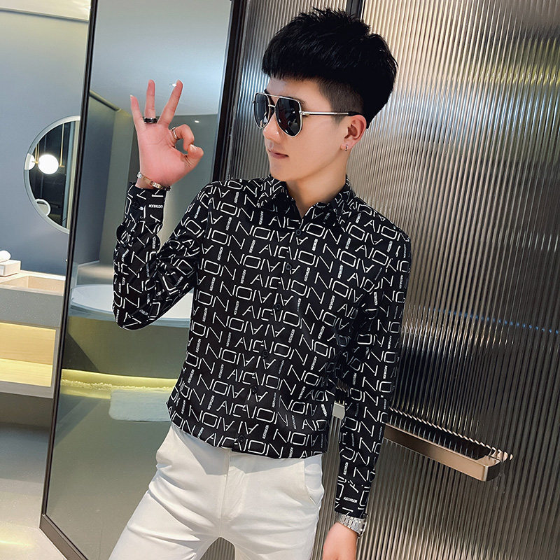 CS167 秋装社会小伙修身长袖衬衫男衬衣 黑图片