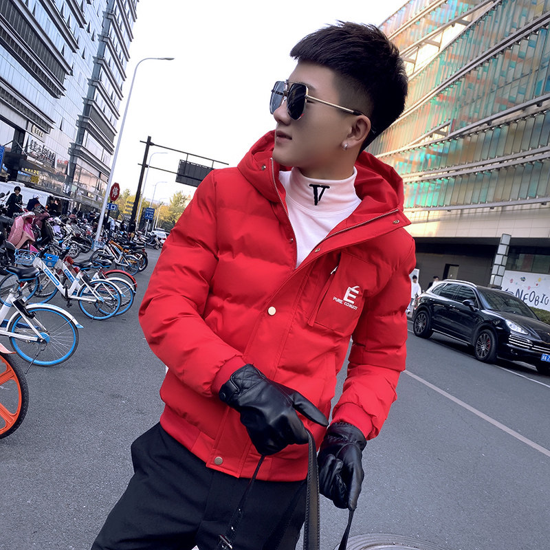 冬装社会小伙连帽棉衣男外套修身棉服 红 A343-CF36-P125 控155图片