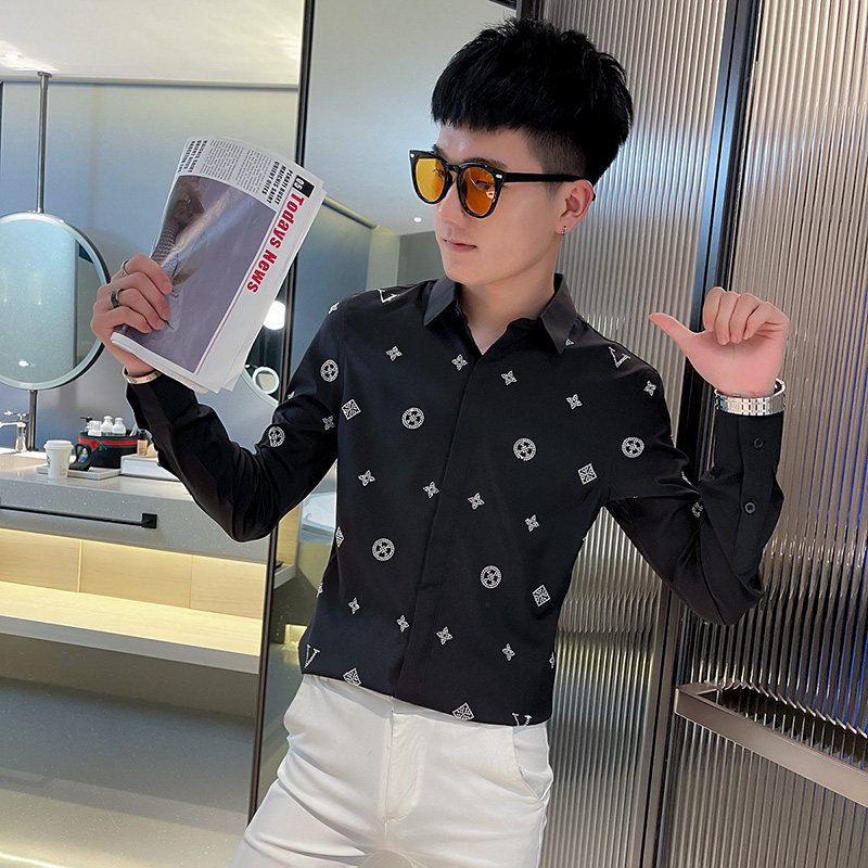 CS169 秋装社会小伙修身长袖衬衫男衬衣 黑1图片