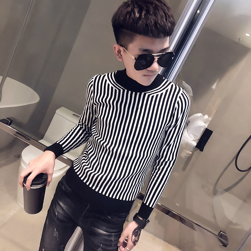 社会精神小伙半高领毛衣修身条纹针织衫线衣A343-MY09-特P55黑,男装针织衫/毛衣,电商A343
