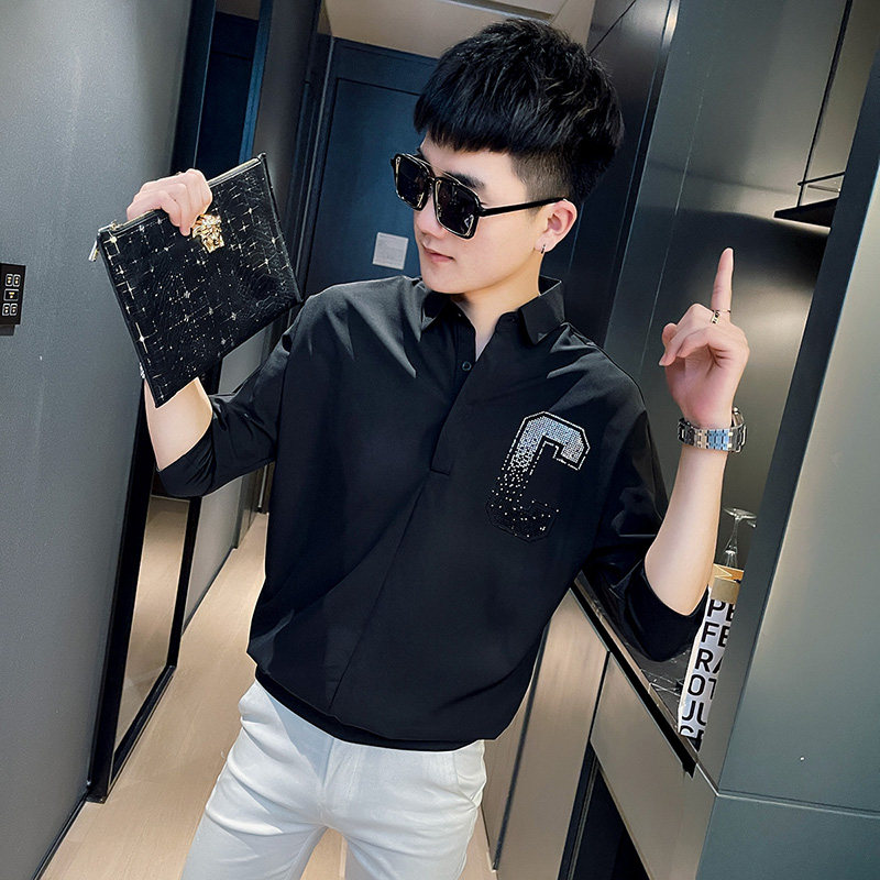 CS161社会小伙印花套头七分袖衬衫衬衣男潮白,男装衬衫,电商A343
