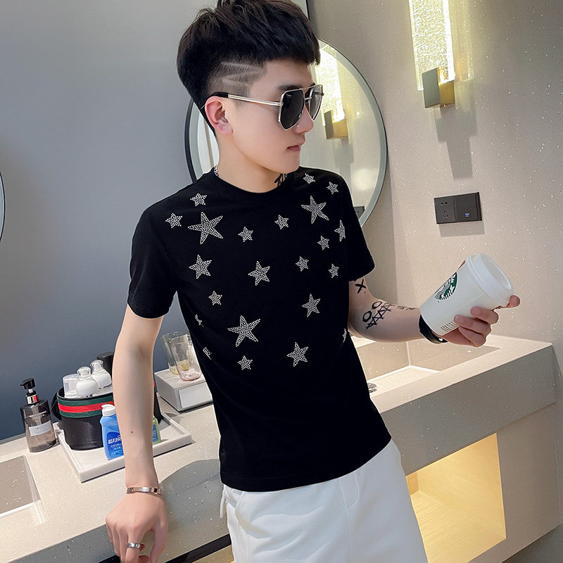 TX254-P45控65夏季短袖T恤衫社会小伙修身烫钻半袖tee潮黑色,男装T恤,电商A343