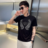 TX255-P45控65夏季短袖T恤衫社会小伙修身烫钻半袖tee潮白色，男装T恤，电商A343