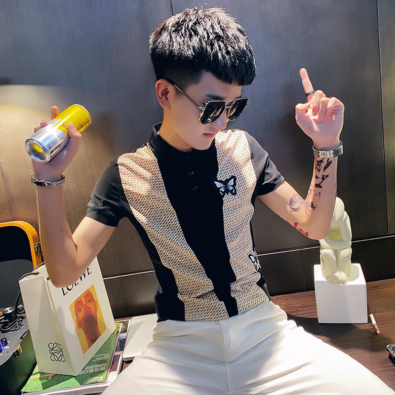 夏季条纹修身短袖POLO衫男社会小伙半袖t恤A343-PL49-P45黑,男装Polo衫,电商A343
