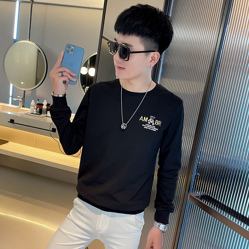 WY75 秋装社会精神小伙修身卫衣男套头衫 黑1图片