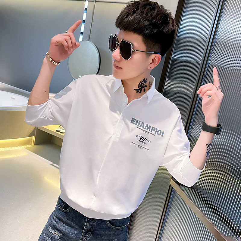 CS147-P58控78社会小伙印花套头七分袖衬衫花衬衣男潮白,男装衬衫,电商A343