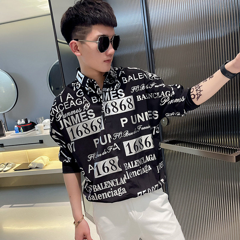 CS146-P58控78社会小伙印花套头七分袖衬衫花衬衣男潮白,男装衬衫,电商A343