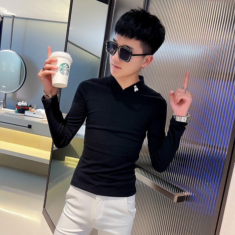 T秋季社会小伙修身打底衫长袖T恤男潮流白1,男装T恤,电商A343