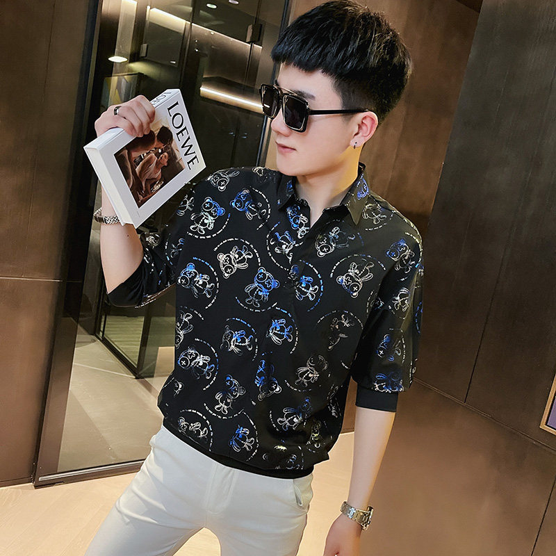 CS160 社会小伙烫金印花套头七分袖衬衫花衬衣男潮 黑1图片