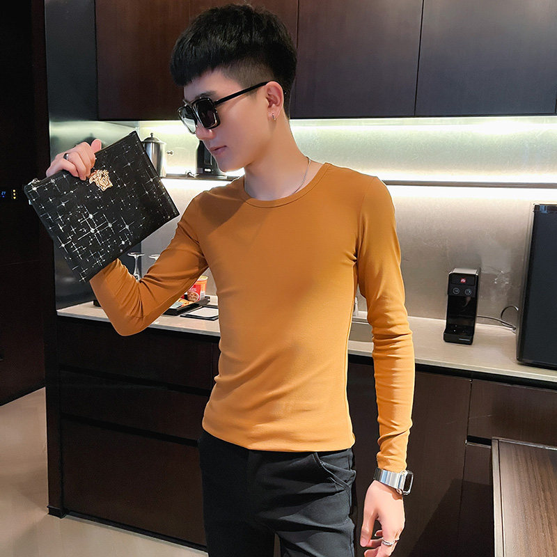T 秋季社会小伙纯色修身打底衫长袖T恤男潮流 驼1图片