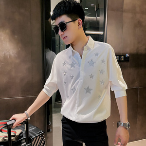 CS159 社会小伙星星烫钻套头七分袖衬衫花衬衣男潮 白图片